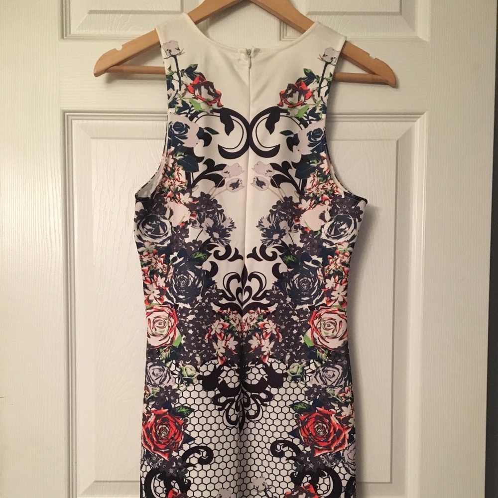 Flying Tomato White Floral Print Bodycon Dress with Black and Red Accents